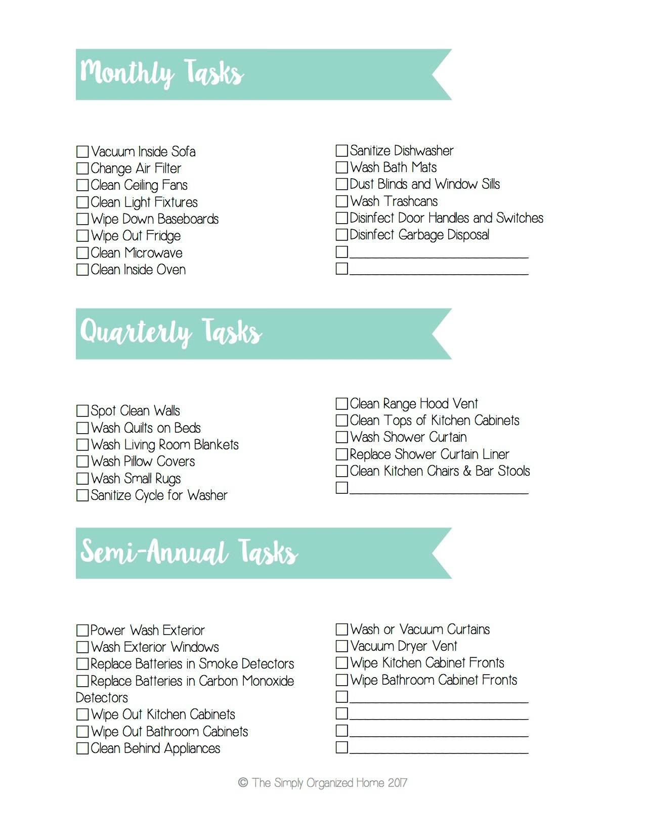 Monthly, Quarterly, and Semi-Annual Cleaning Checklists 2 - The
